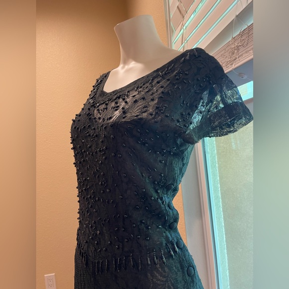 VTG  Y2K JASMINE BY KVM  Black Lace sheer Gothic Maxi Dress Beaded Trim Flapper - Picture 8 of 17